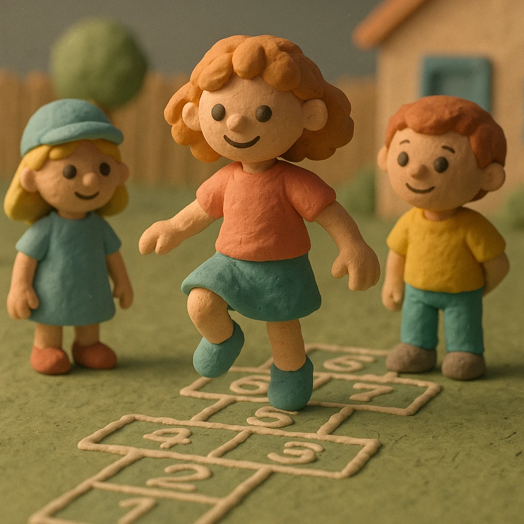 Children playing hopscotch in a yard, claymation style, pastel colors, visible fingerprints, matte plasticine texture. emoji