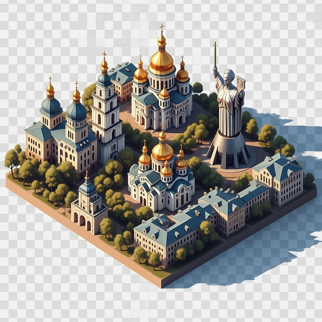 Isometric illustration of photorealistic Kyiv, balanced between paint stylized and realistic, 3D miniature effect, transparent background. emoji