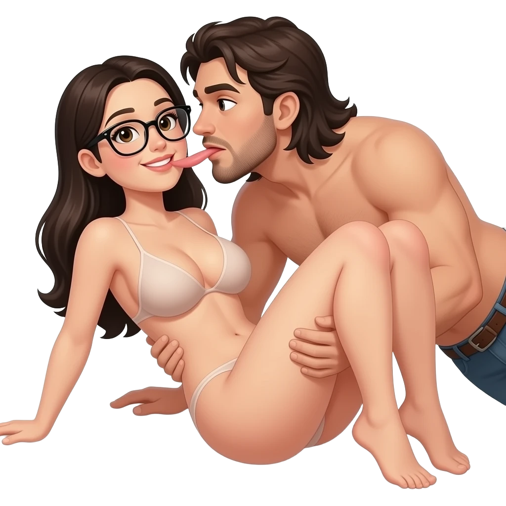 Black hair brown eyes Female with glasses naked nude huge boobs out laying down legs open and guy with long hair and short facial hair preforming oral sex on female no clothes emoji