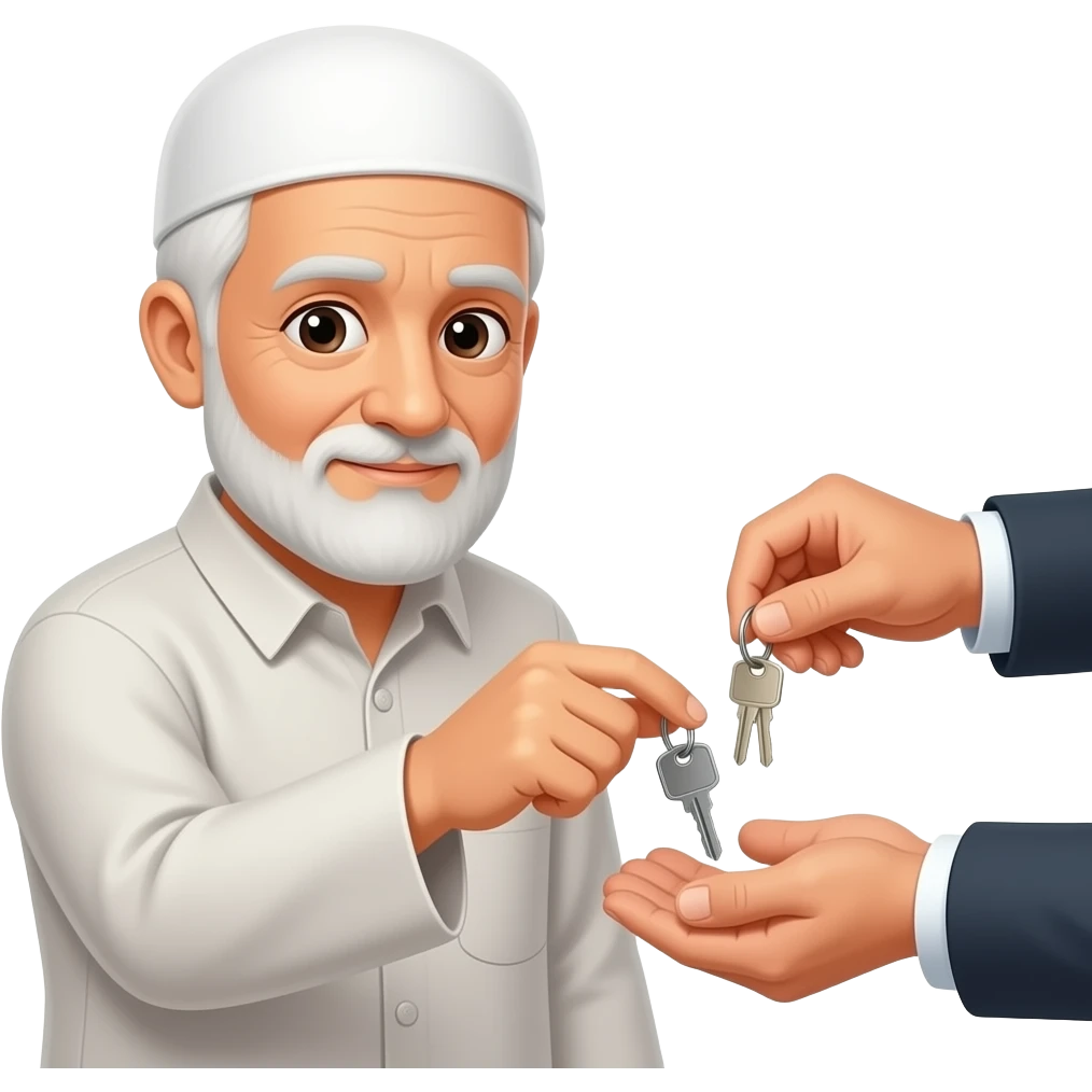 у грустного  пожилгого мужчины мусульманина забирают ключи другие люди emoji