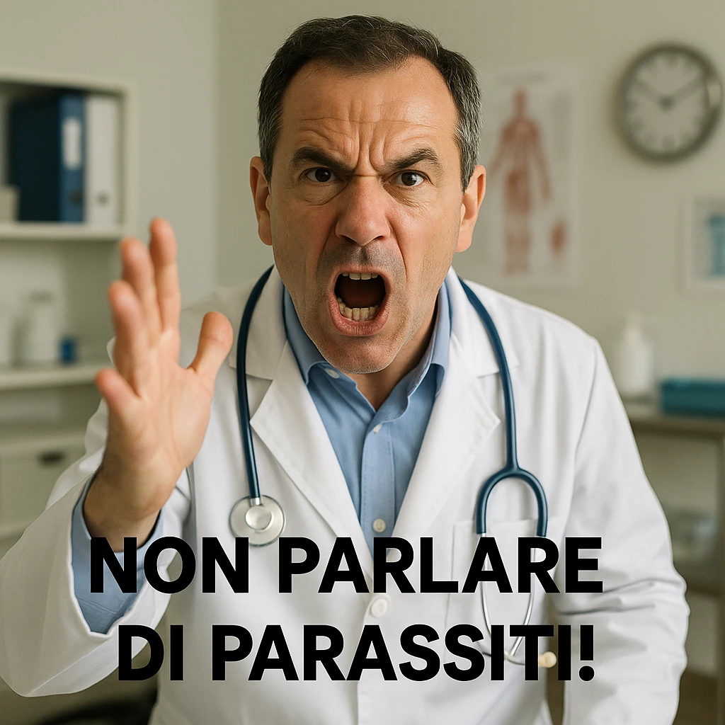 realistic image of an angry Italian doctor saying 'NON PARLARE DI PARASSITI!' with expressive gesture, medical setting emoji