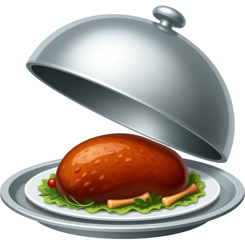 plain waiter's silver serving tray with lid open with cooked meat inside emoji