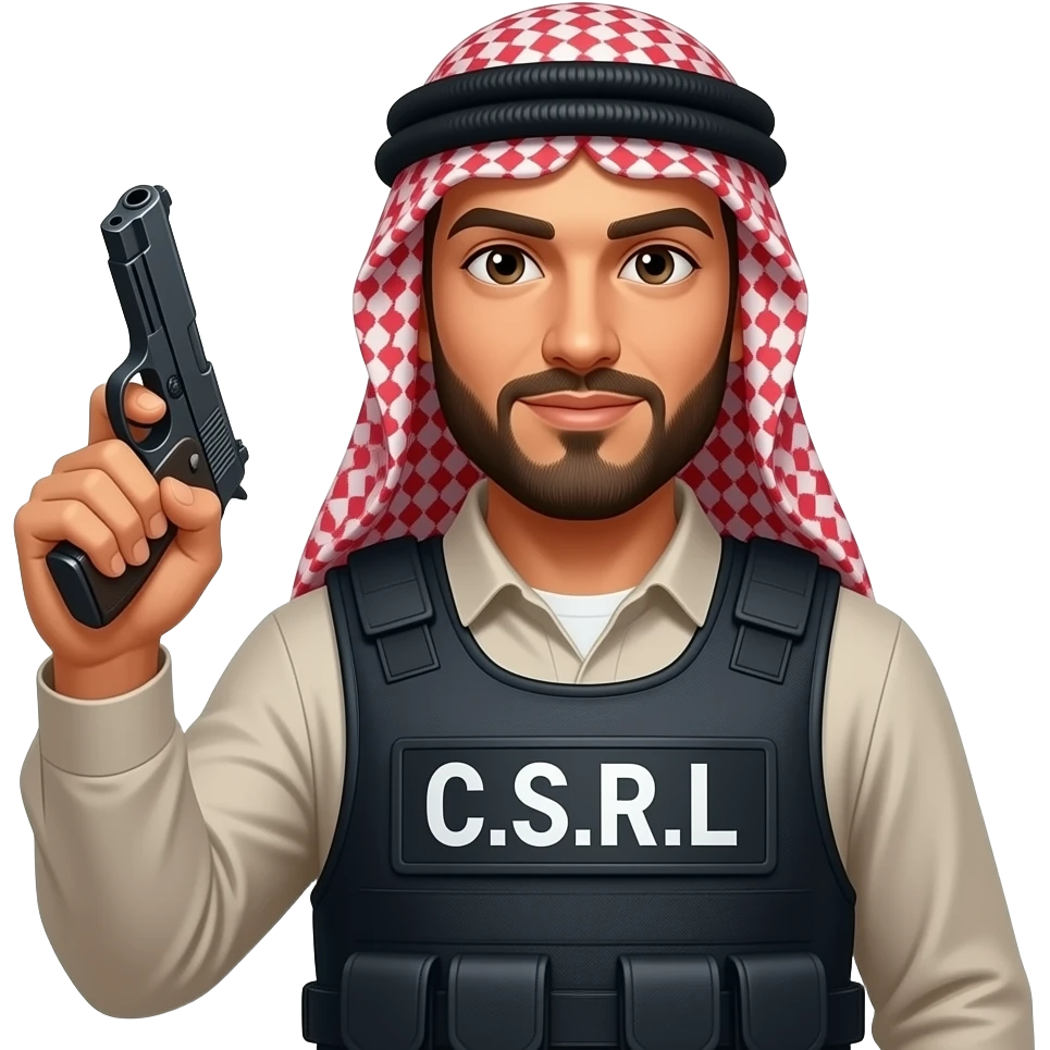 Arabe con pistola y un chaleco antibalas que diga C.S.R.L emoji