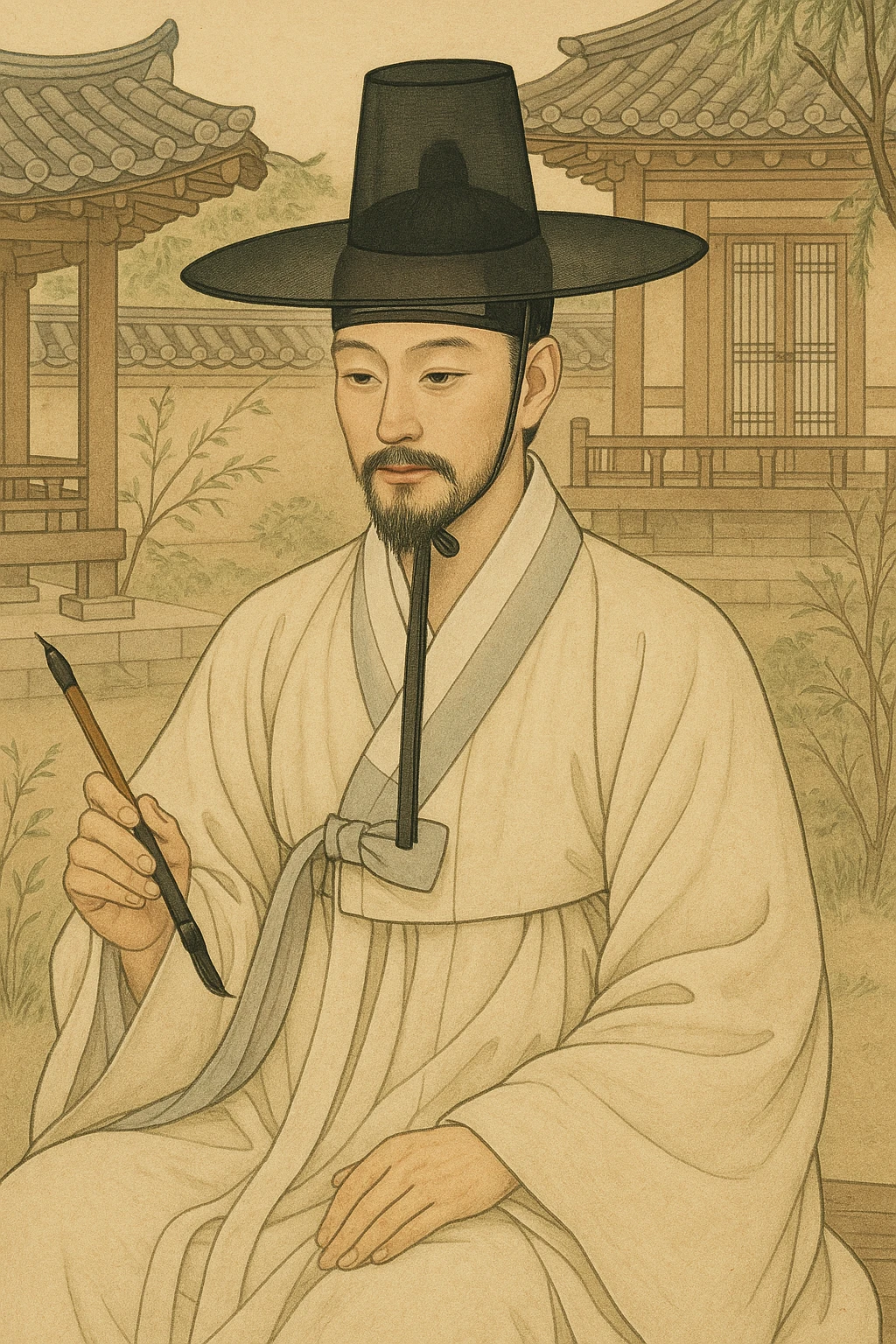 Joseon Dynasty scholar wearing a gat hat, holding a brush, Korean traditional atmosphere, neat hanbok attire emoji