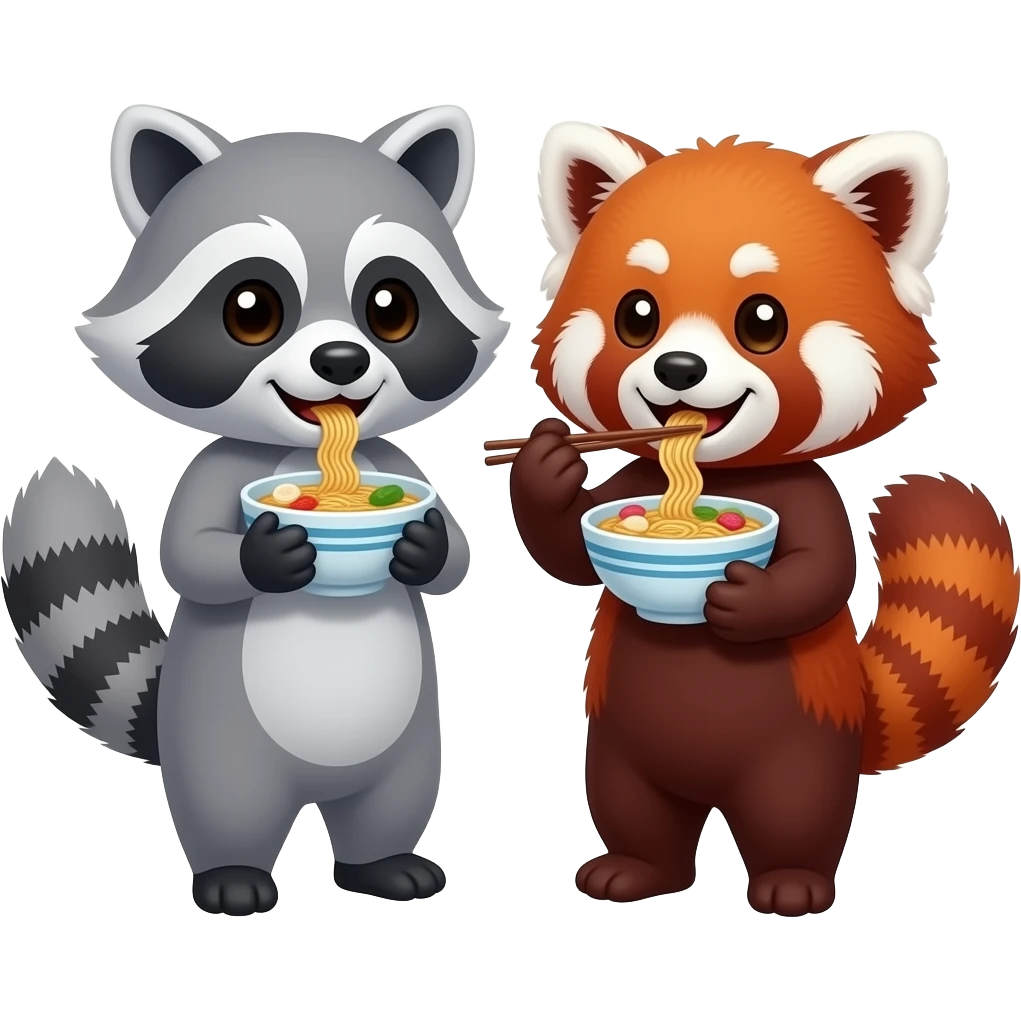 Mapache y panda rojo comiendo juntos un ramen emoji