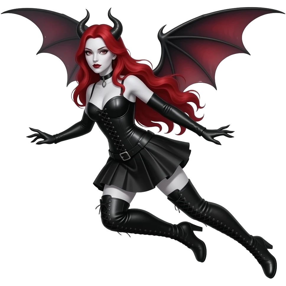 vampiro femmina con pelle bianca e capelli lunghi e rossi con un vestito stretto in vita e largo sotto corto nero e anfibi neri che arrivano alle ginocchia che vola senza ali o corna emoji