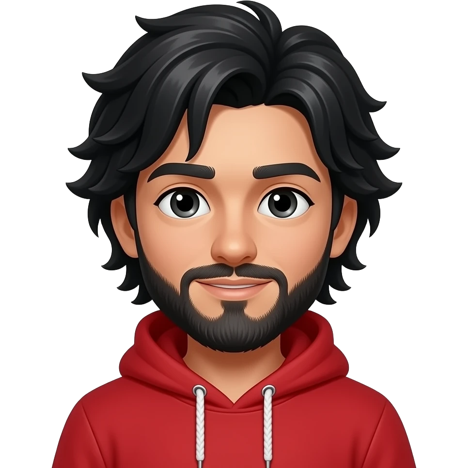 A boy with black long puffy tied hair and has a Red hoodie with a beard emoji