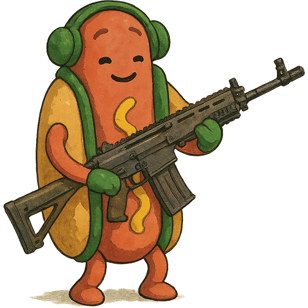 The tiktok dancing hotdog, except he has a scar12 battle rifle  emoji