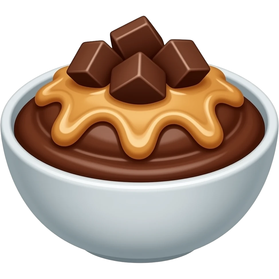 Crea un cuenco, de gachas de chocolate con trozitos de chocolate por encimacon y crema de cacahuete esparcida en zigzag y el cuenco se vea de lado emoji