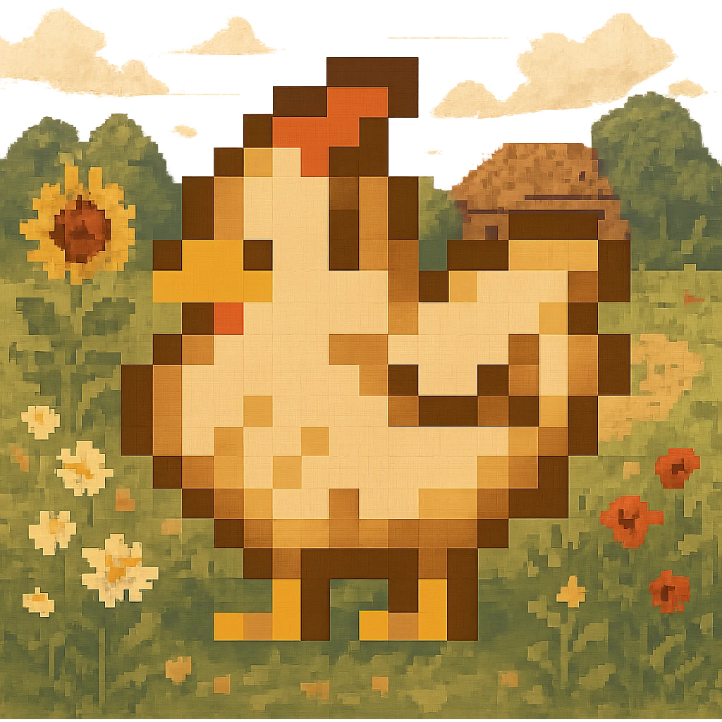 Using a transparent background, re-imagine this pixelated chicken in a cottage core setting emoji