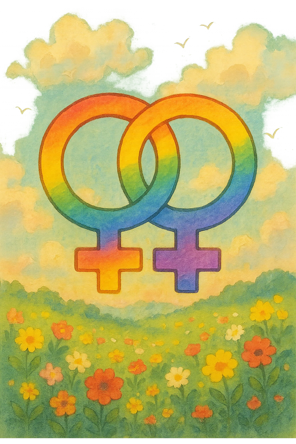gay pride emoji with two interlocked female symbols in rainbow gradient, gentle and warm, ghibli style emoji