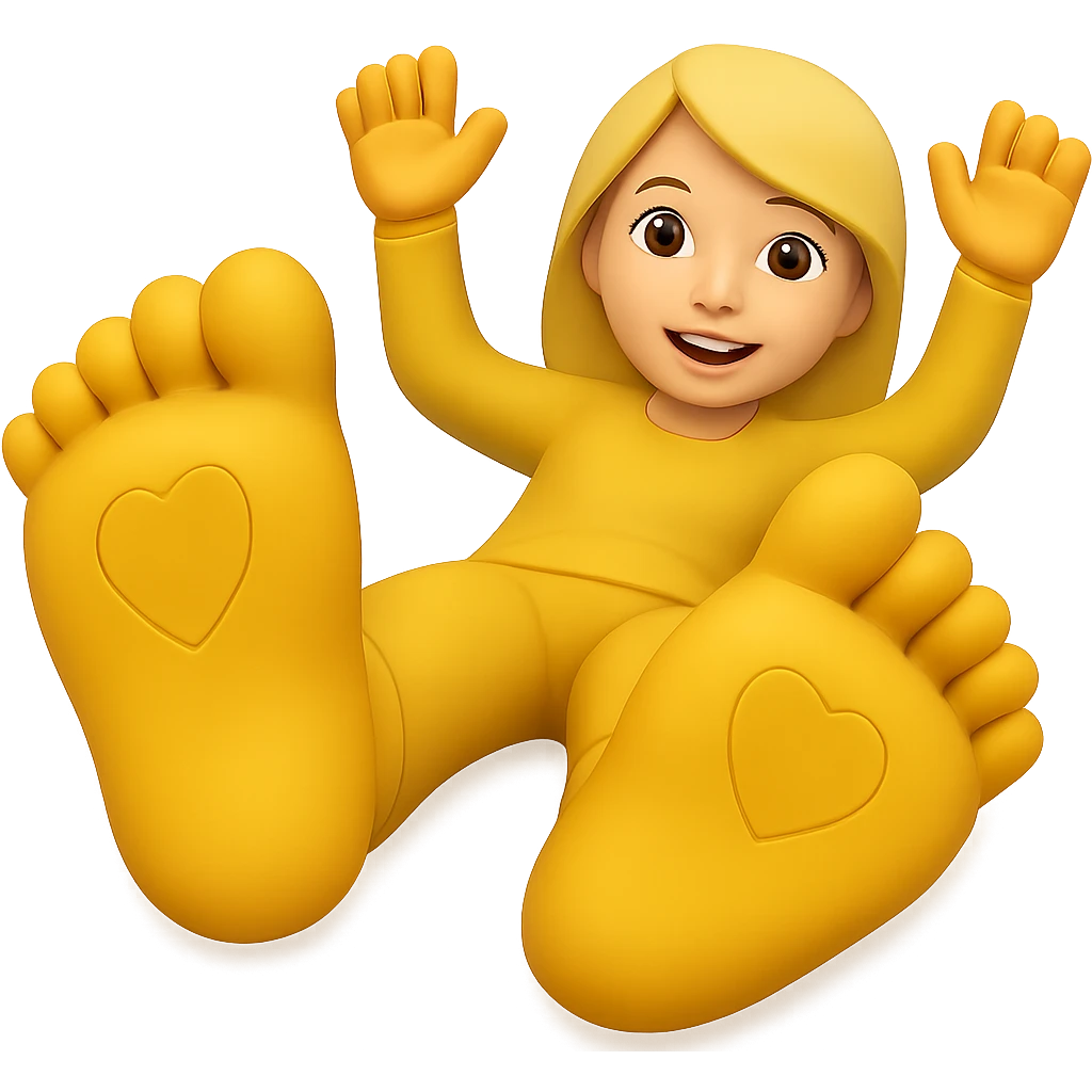 Make the emoji's feet much bigger, lying down with feet visible. Remove the background. The emoji style should be preserved as in the original image. emoji
