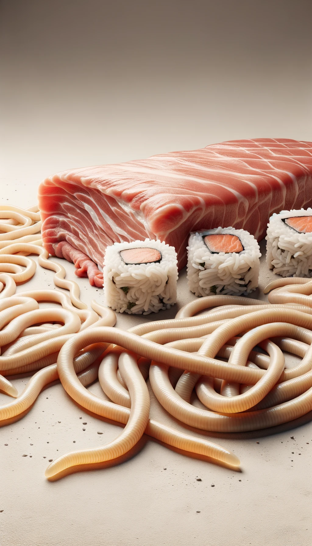 carne cruda fluttua insieme a sushi, intorno a loro fluttuano vermi lunghi e beige chiaro, sfondo neutro chiaro, iperrealistico 4k emoji