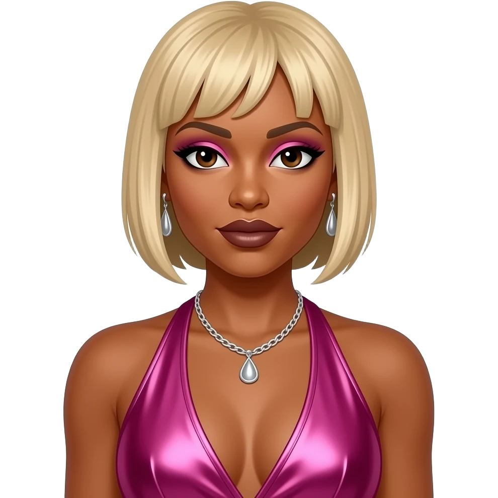 Tionne T-Boz Watkins of TLC with dark brown eyes, blonde short hair with long hair front, pink eyeshadow, dark brown lipstick, hot pink metallic halter dress, silver necklace and earrings emoji