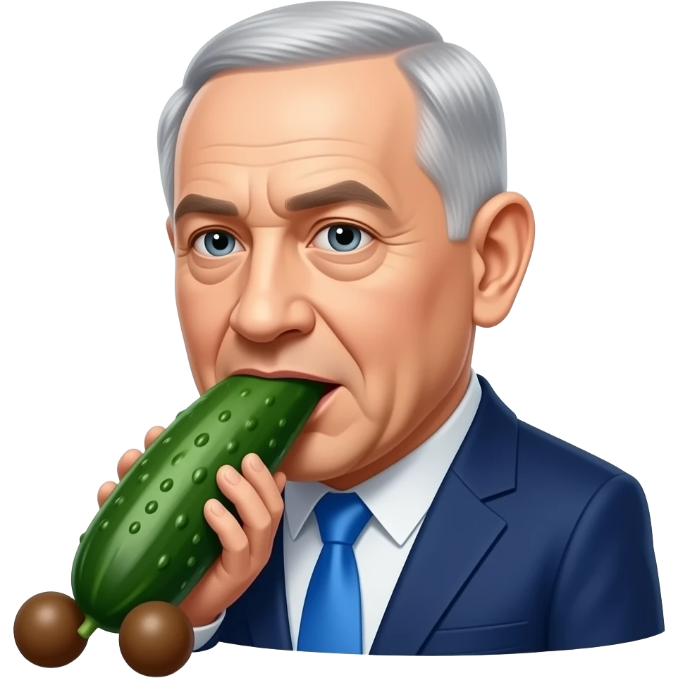 benjamin netanyahu sucking an all brown cucumber that has 2 brown balls at its base emoji