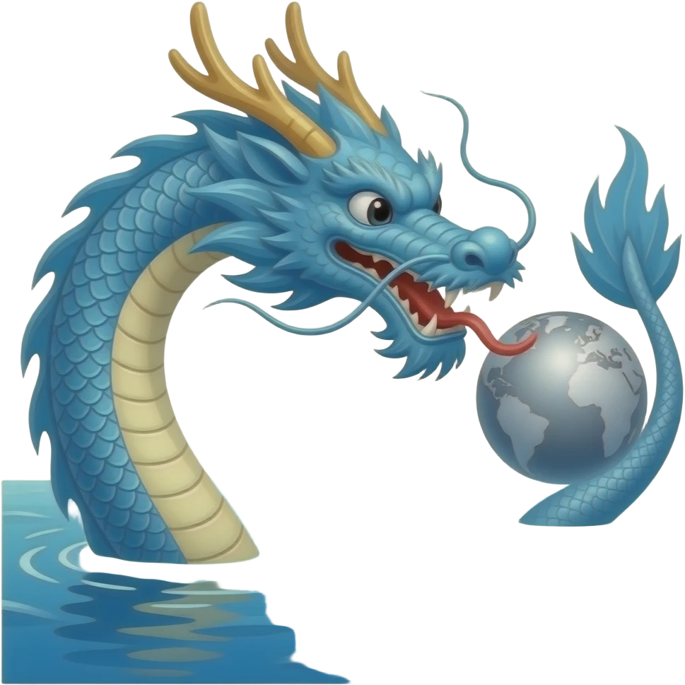 A blue Chinese serpentine dragon emerges from the sea and hovers above the surface, playing with a silver planet. emoji