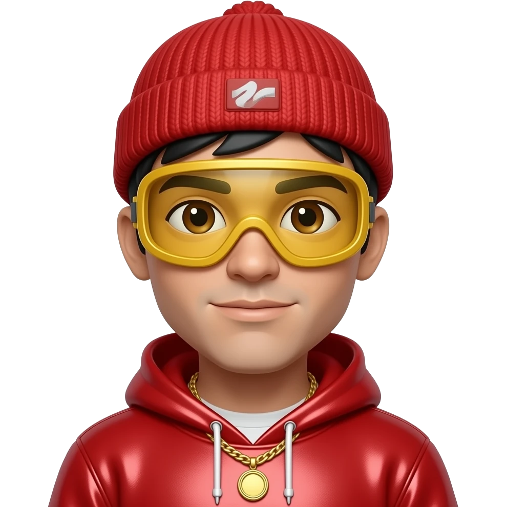 Ali G with white skin, brown eyes, black hair, red beanie, yellow goggles, red metallic sweatshirt, gold necklace emoji