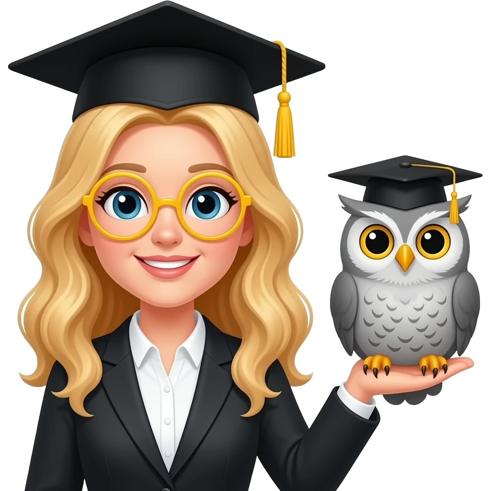 a teacher with long wavy blond hair. a grey owl in a black graduation cap with a yellow tassel with round yellow glasses sitting on the right hand emoji