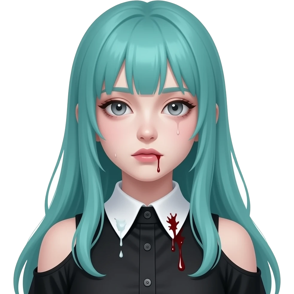 girl, sick, vomit, long flowing teal hair, grey eyes, black shoulder cyberpunk blouse with fancy white collar emoji