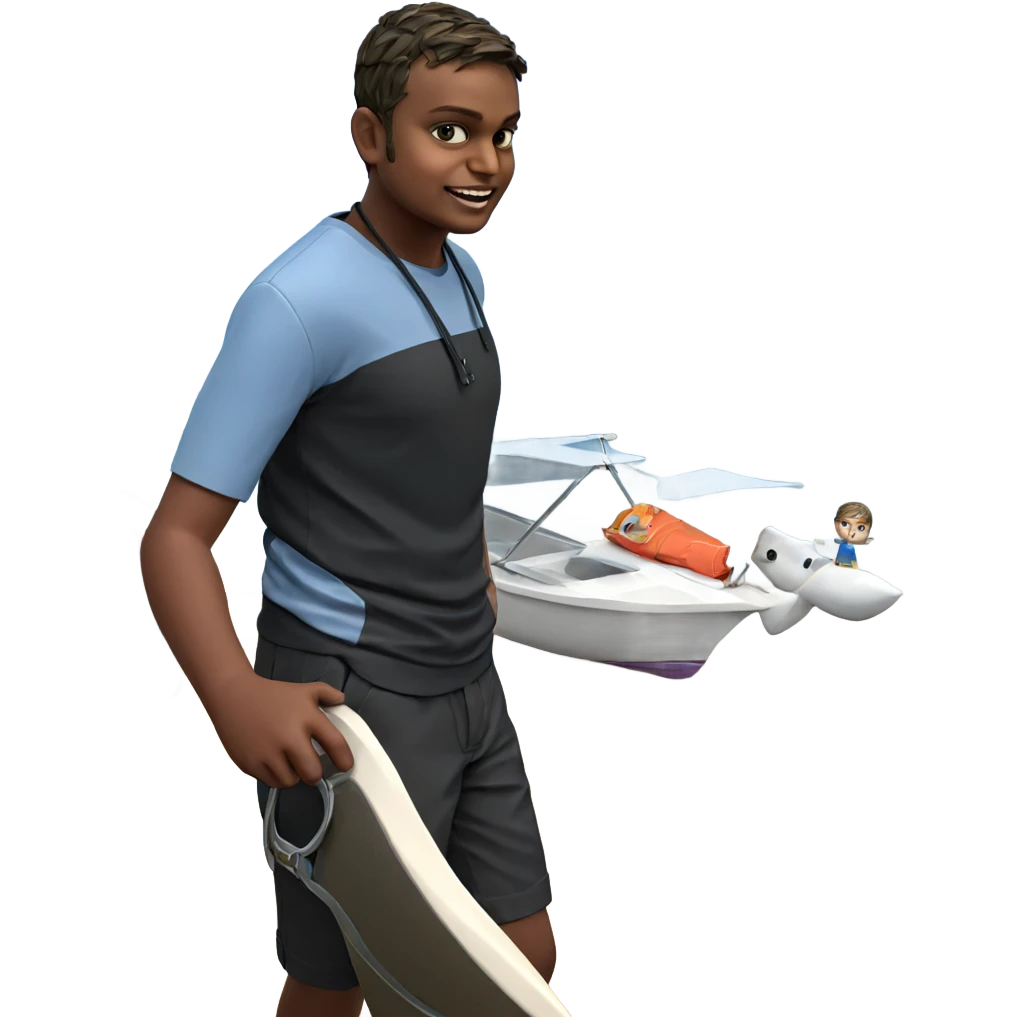 boy on beach with boat emoji