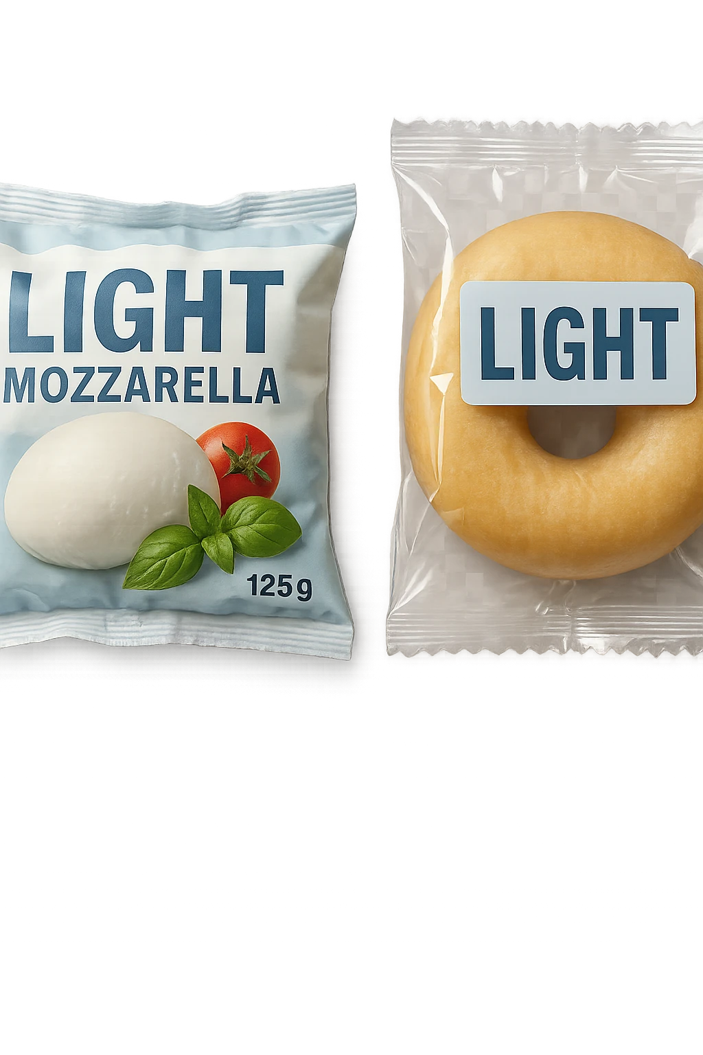 PACCHTTO DI MOZZARELLA LIGHT CON LA SCRITTA "LIGHT" SULLA CONFEZIONE, ACCANTO AD UN DONUT CONFEZIONATO CON LA SCRITTA "LIGHT" SULL'ETICHETTA,  iperrealistico 4k emoji