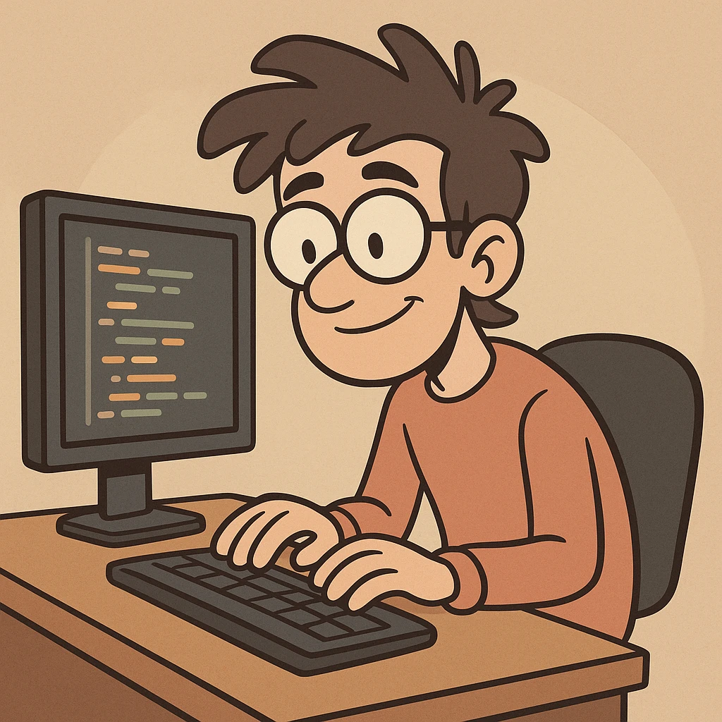 young programmer cartoon style, with code on screen emoji