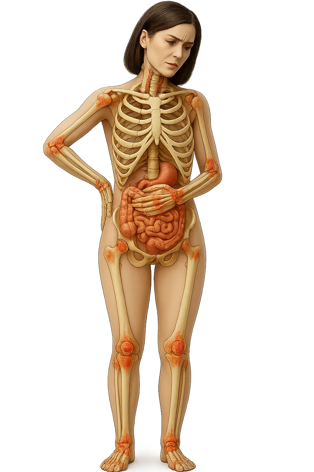 donna realistica a figura intera con red spot sparsi alle ossa, ossa del corpo visibili sul corpo, non sul volto iperrealistico 4k emoji