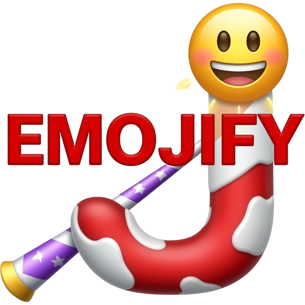 Red text "EMOJIFY" is stretched in height and width. Letter "O" is a smiley face. Letter "J" in the form of a magic wand with sparkles a on the end. emoji
