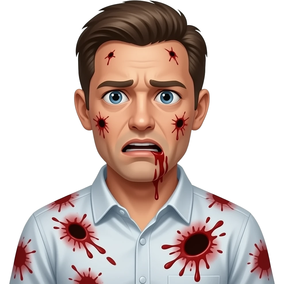 persona con buchi di pistola e sangue nel corpo con lo sguardo di paura emoji