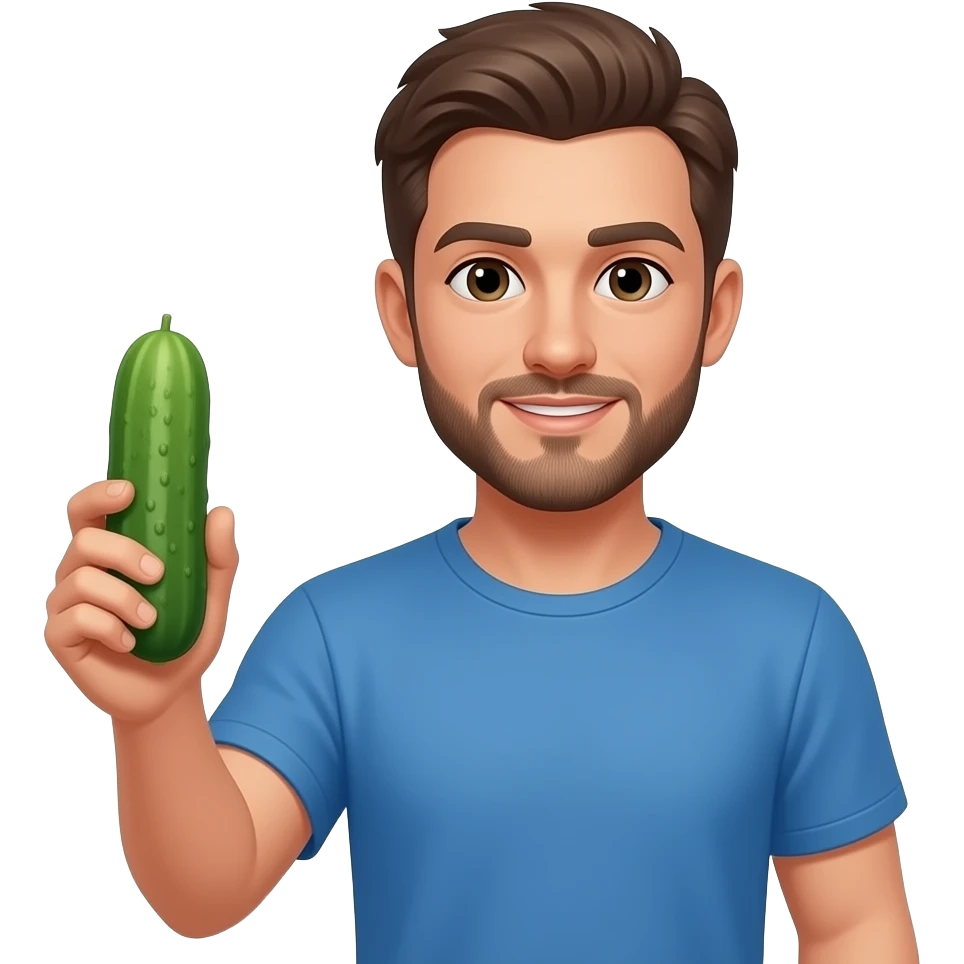 White man with brown hair and a beard holding a cucumber emoji