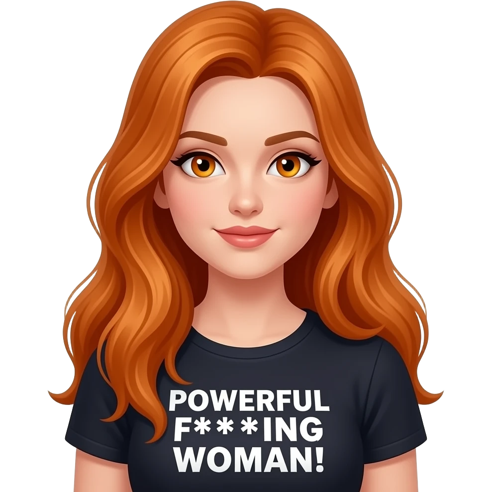sexy girl with overlong ginger hair and ginger eyes a top with POWERFUL F***ING WOMAN! written on it emoji