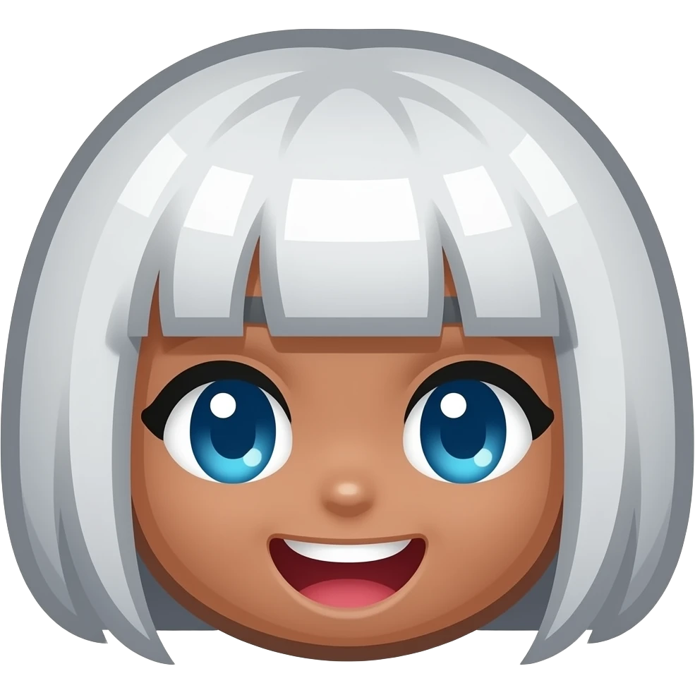 6-bit Chibi square pixelated head icon of a girl laughing white white short hair blue eyes pixel square eyes and brown skin emoji