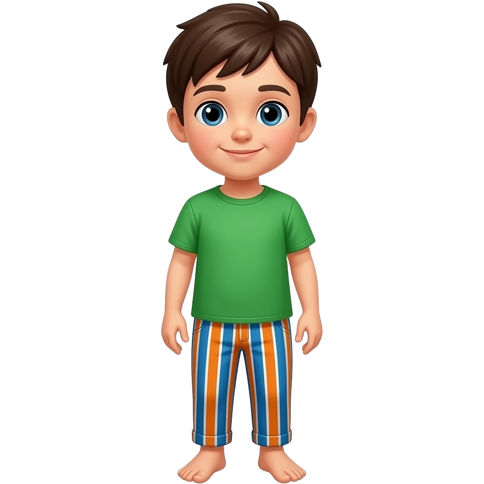 Kid wearing a green shirt and blue and orange stripes pants no shoes emoji