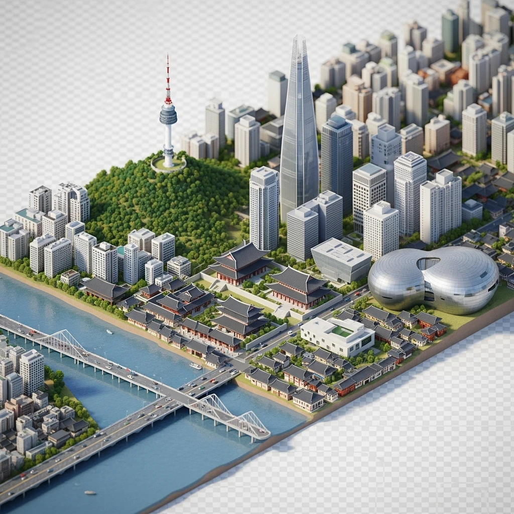 Isometric diorama of Seoul typical houses, Namsan Seoul Tower, Gyeongbokgung Palace, Lotte World Tower, Dongdaemun Design Plaza, and Han River bridges, 3D miniature effect and Tilt Shift effect, no cartoonish look, transparent background. emoji