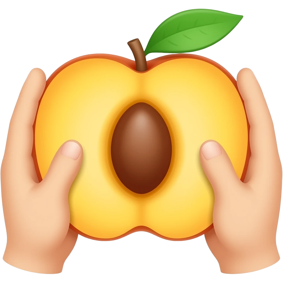 Mache ein ganzen Pfirsich mit einem kleinen runden und tiefen Loch In der mitt der Pfirsich-Spalte und der Pfirsich wird an den Seiten von zwei Händen gehalten emoji