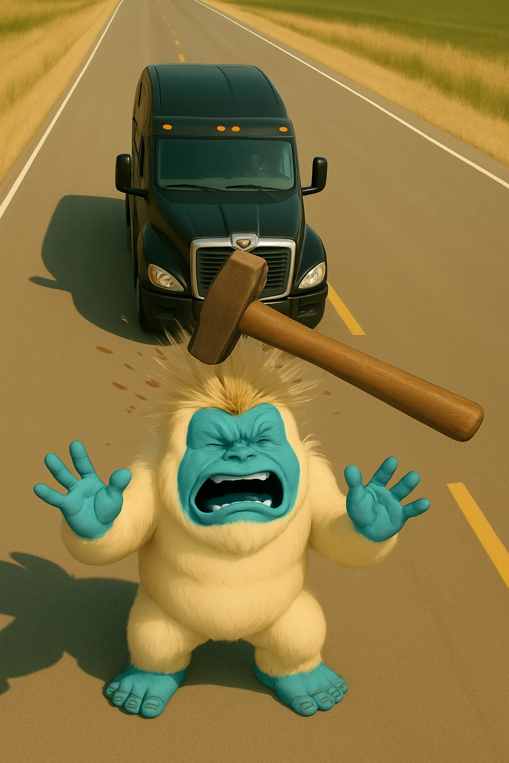 Increase the distance between the truck and the abominable snowman in a light and realistic scene. Show a hammer actively hitting the snowman from a top-down view. No text in the image. emoji