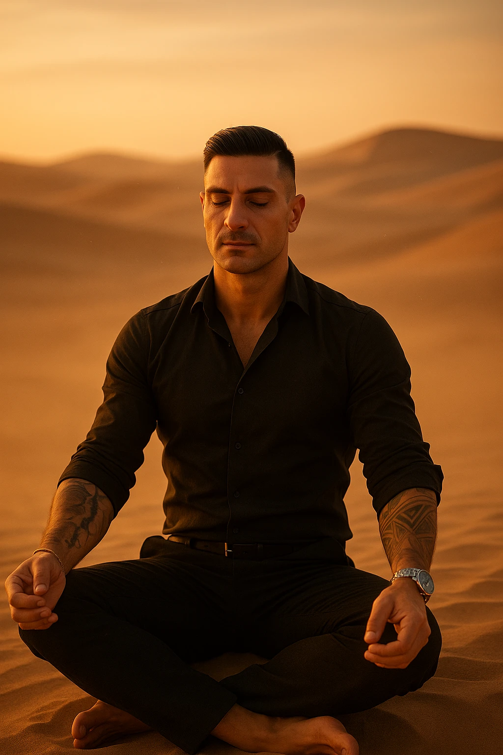 Man meditating alone in the desert at golden hour, sitting in a calm but grounded posture, radiating calm and powerful masculine energy. Minimalist surroundings, soft wind, dust in the air. Peaceful expression, symbolic of self-mastery and inner strength. Cinematic style. emoji
