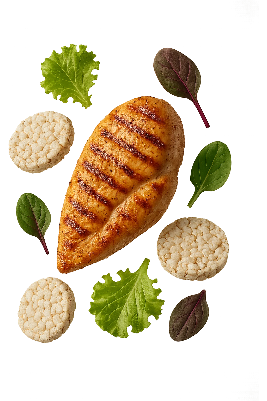 petto di pollo grigliato fluttua in aria insieme a gallette di riso e foglie di insalata, iperrealistico 4k emoji