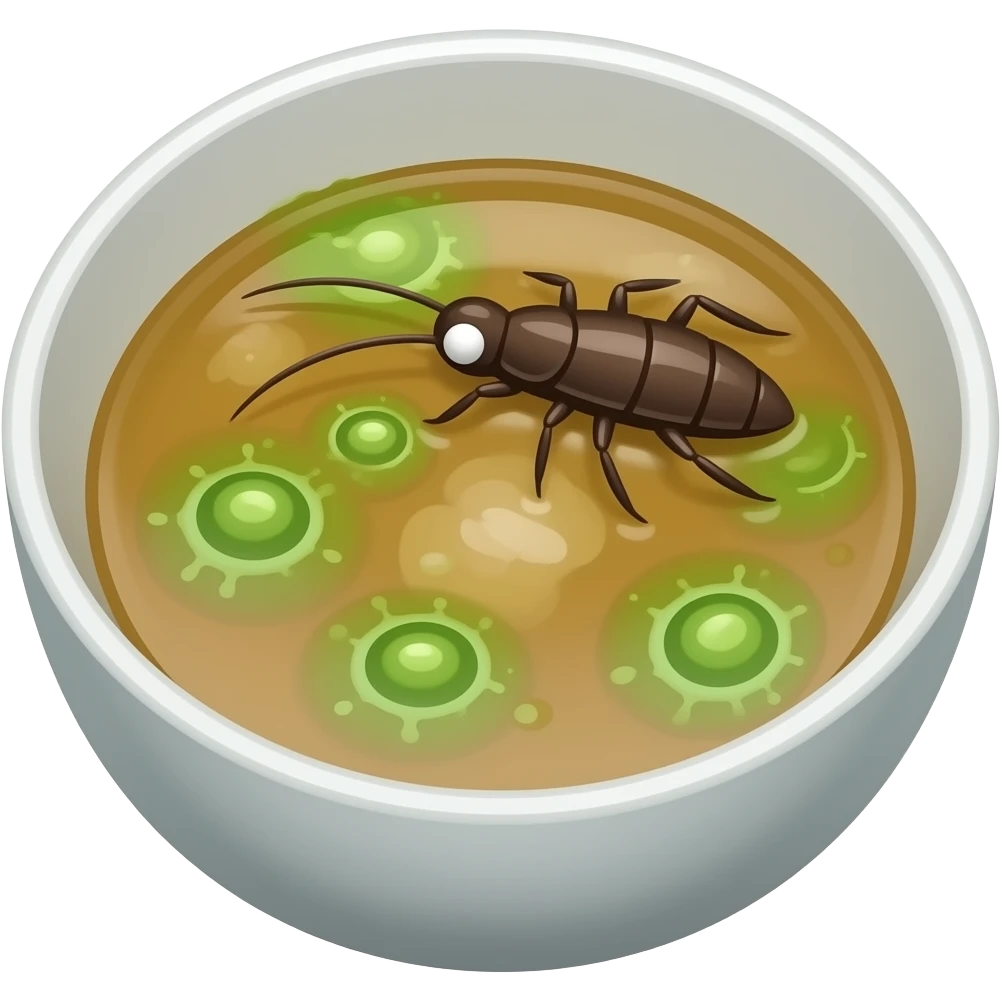 moldy rotten soup. molds should be green and cartoonish. there will be a cockroach on it. no face emoji