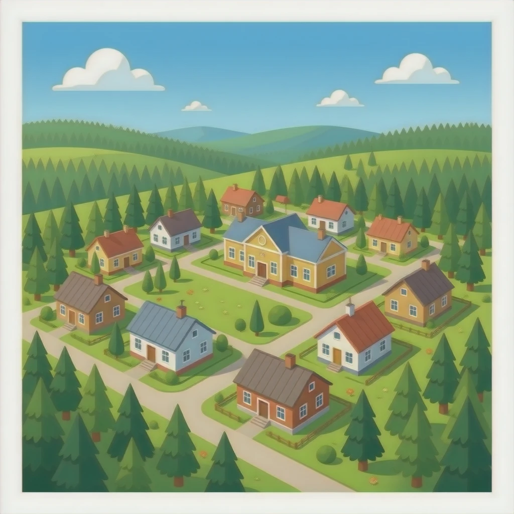 un pueblo que se vea des de arriba i que este en medio del bosque i que las casas sean antiguas i que en medio haya una escuela emoji