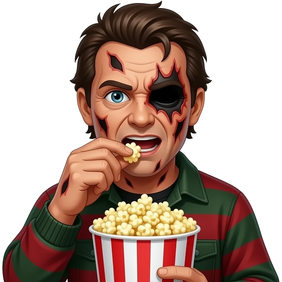 freddy kruger with burned face eating bucket of popcorn emoji
