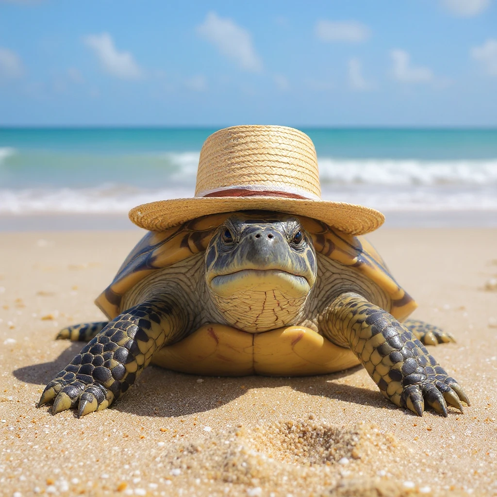 Replace the party hat with a straw hat on the realistic turtle on a sunny beach, maintaining a realistic photographic style. emoji