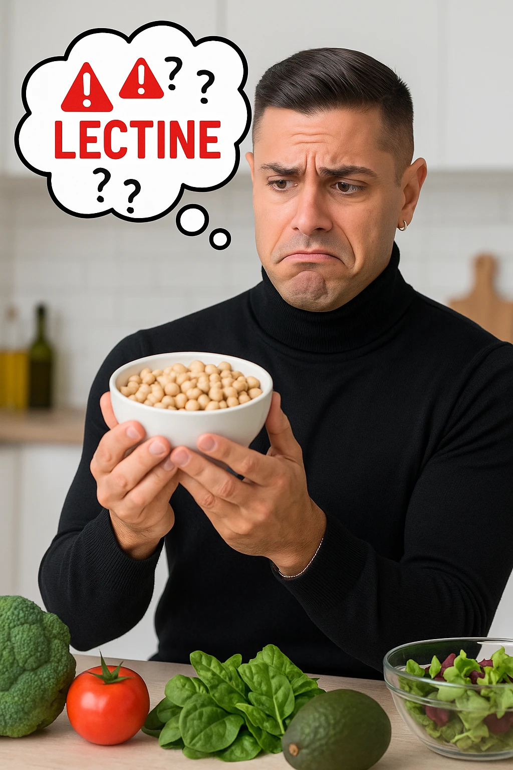 un uomo in cucina tiene in mano una ciotola di legumi (come fagioli o ceci) e li osserva con un’espressione dubbiosa e leggermente preoccupata. Sopra la ciotola, una nuvoletta di pensiero mostra la parola “Lectine” evidenziata in rosso, insieme a simboli di allarme o punti interrogativi. Sullo sfondo, altri alimenti salutari sono visibili sul tavolo, sottolineando il suo scetticismo verso i legumi. emoji