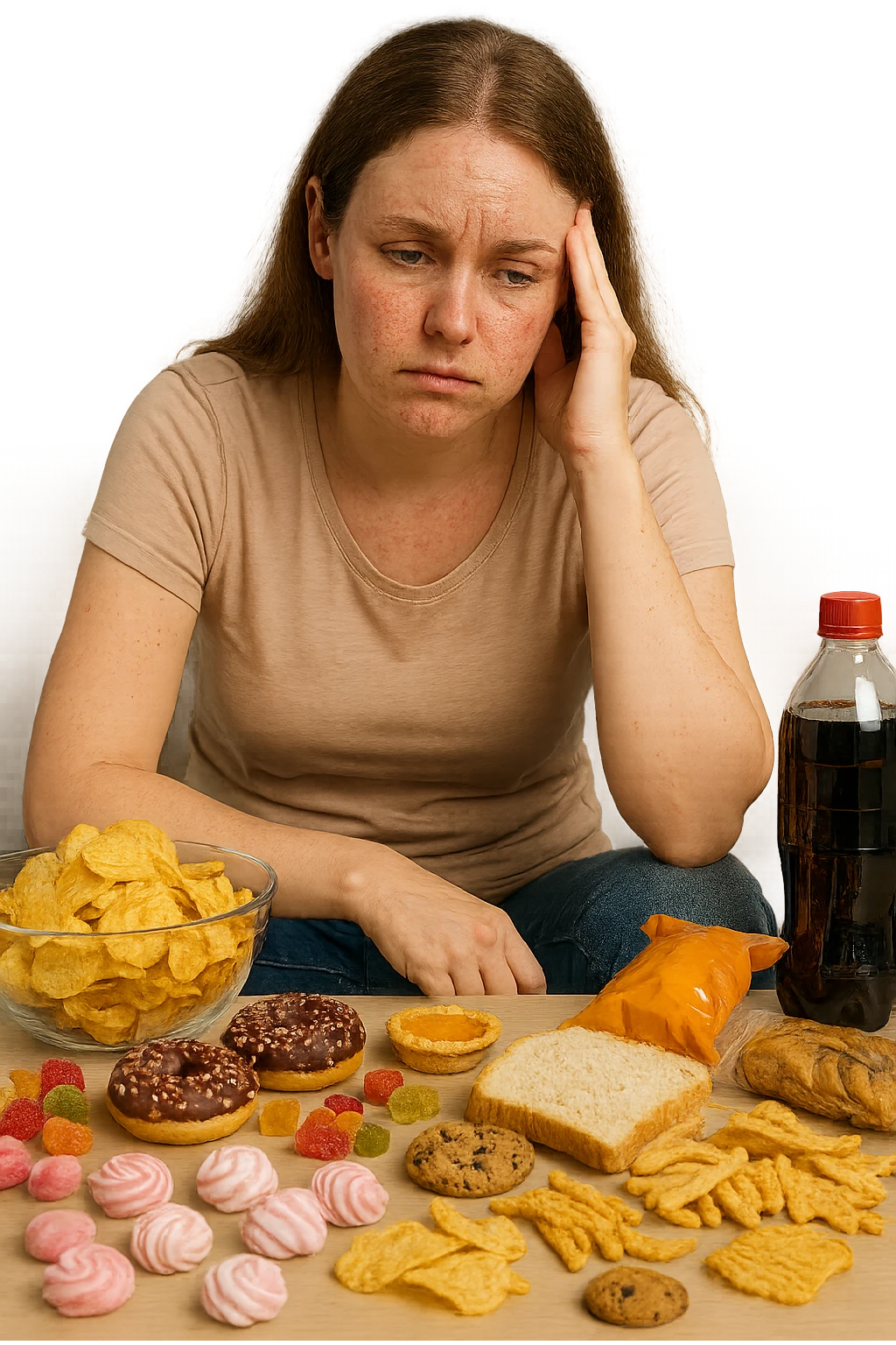 Donna tra i 25 e i 35 anni seduta sul divano o a un tavolo disordinato, circondata da cibi sparsi e poco sani: patatine, dolci, pane bianco, snack confezionati, bibite. con infiammazione e squilibri ormonali emoji