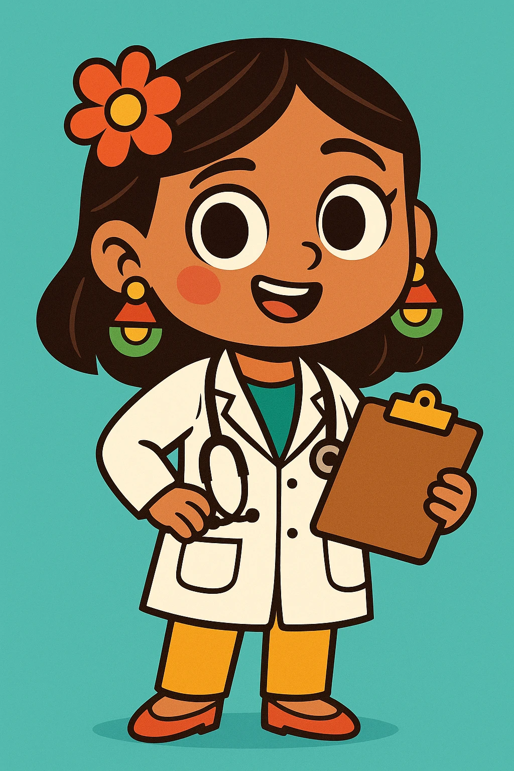 cute Mexican doctor girl, holding clipboard, wearing white coat, traditional Mexican earrings, big eyes, cartoon style emoji