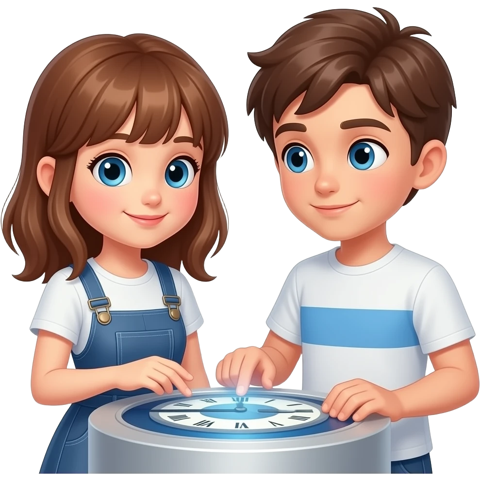 hacme una maquina del tiempo con un chico y una chica con ojos azules tocando la maquina del tiempo, la chica medio castanya con un peto de vestido i el chico castanyo con camiseta blanca y una raya azul emoji