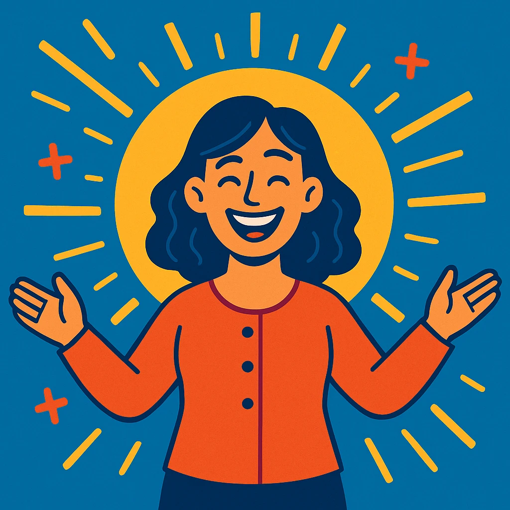 smiling woman with open arms and glowing aura, symbolizing support and motivation, colorful approachable style, Mutmacherin emoji