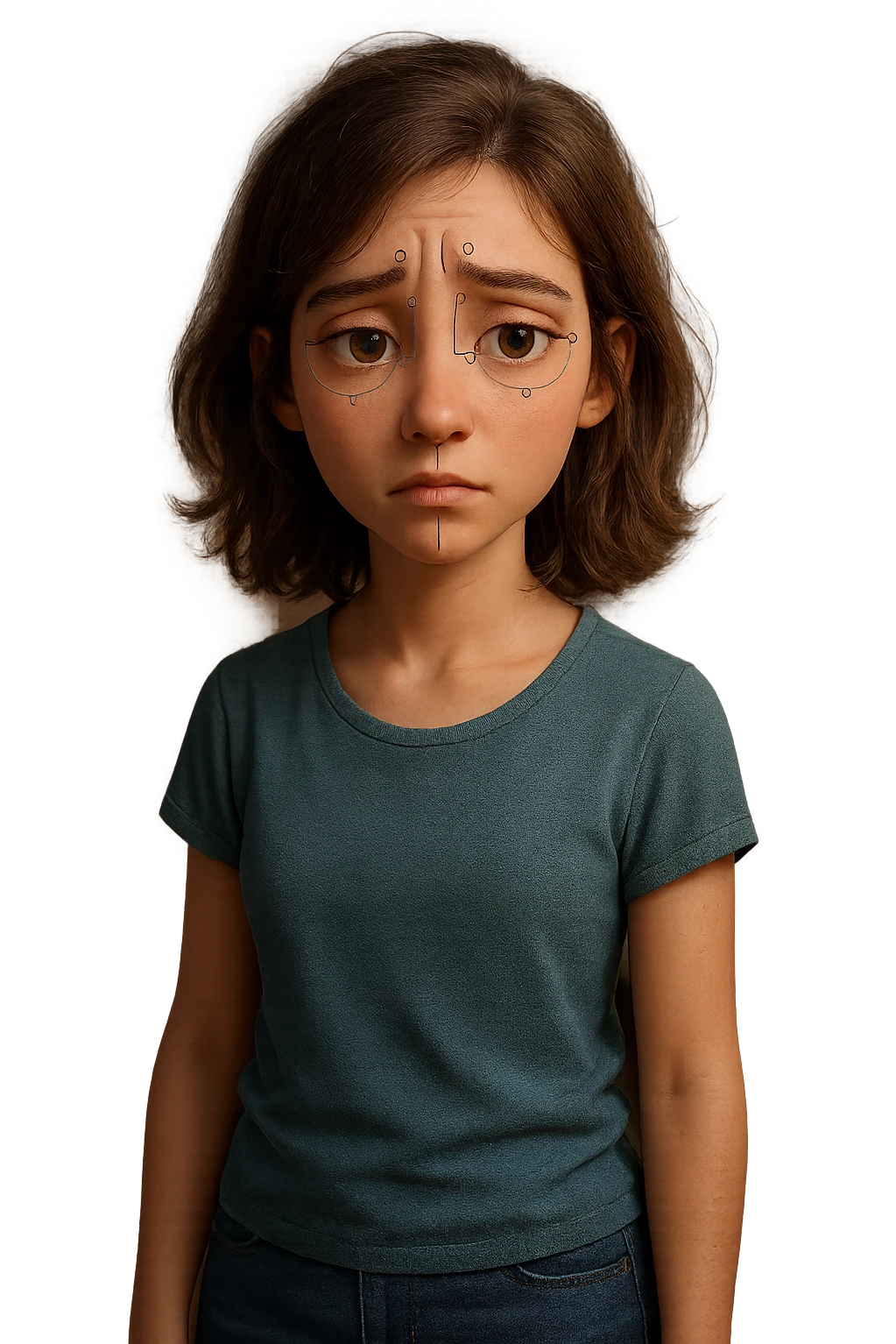 Modello 3D di personaggio femminile in stile Pixar/Blender, anatomia realistica e proporzionata, espressione facciale malinconica ma espressiva, rig per animazioni emotive, texturing skin realistico ma stilizzato, capelli con physics dinamici, vestiti casual modellati con cloth simulation, illuminazione soft e cinematografica, ambiente camera da letto 3D dettagliato, rendering Cycles con subsurface scattering per pelle naturale emoji