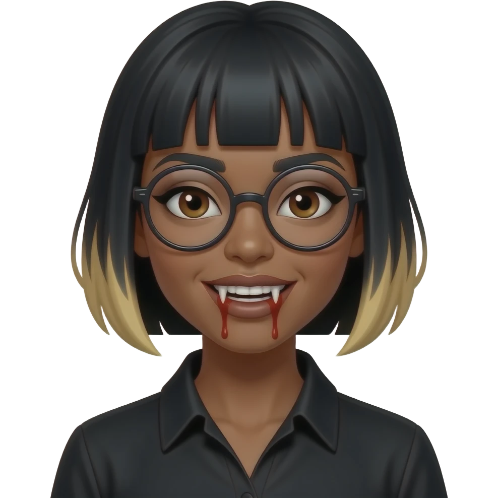 women black short hair with blound tips , black skin, round glasses, brown eyes, black shirt,  dracula teeth with blood on the fangs emoji