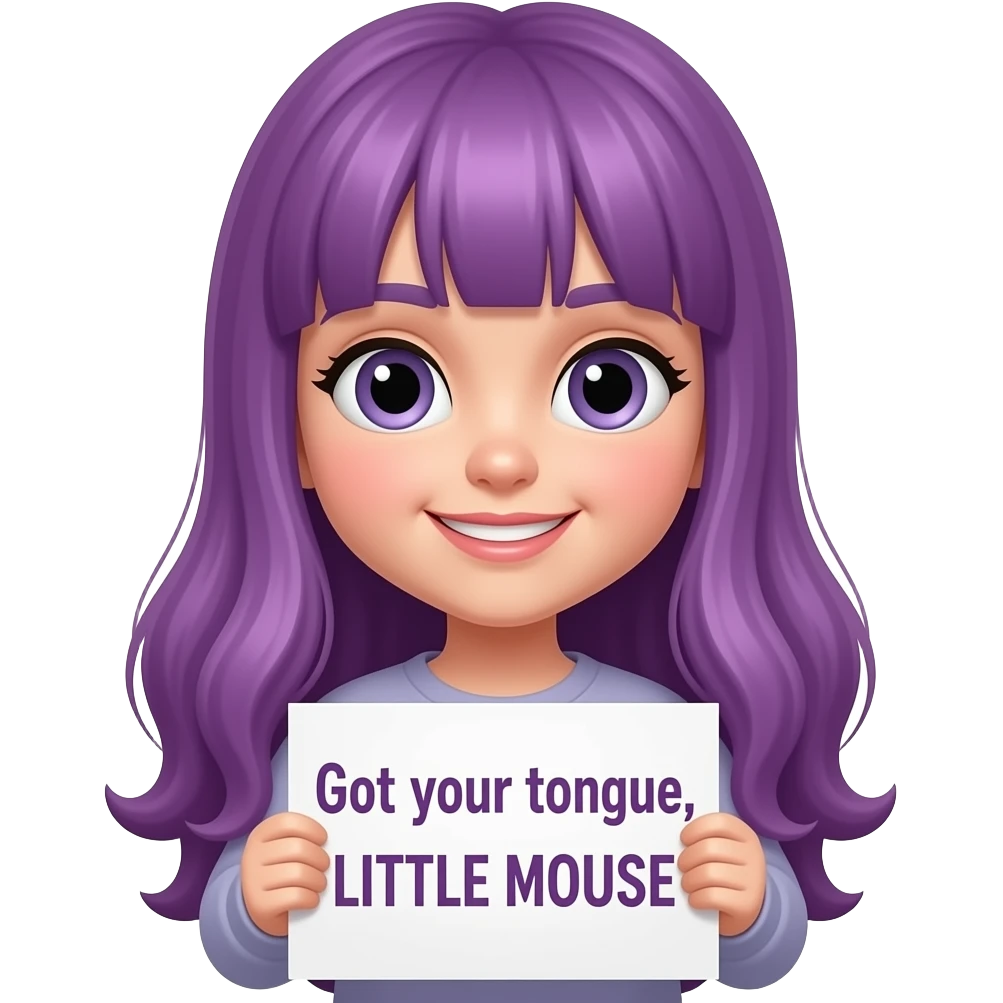 girl with long purple hair holding a -Got your tongue, LITTLE MOUSE sign emoji